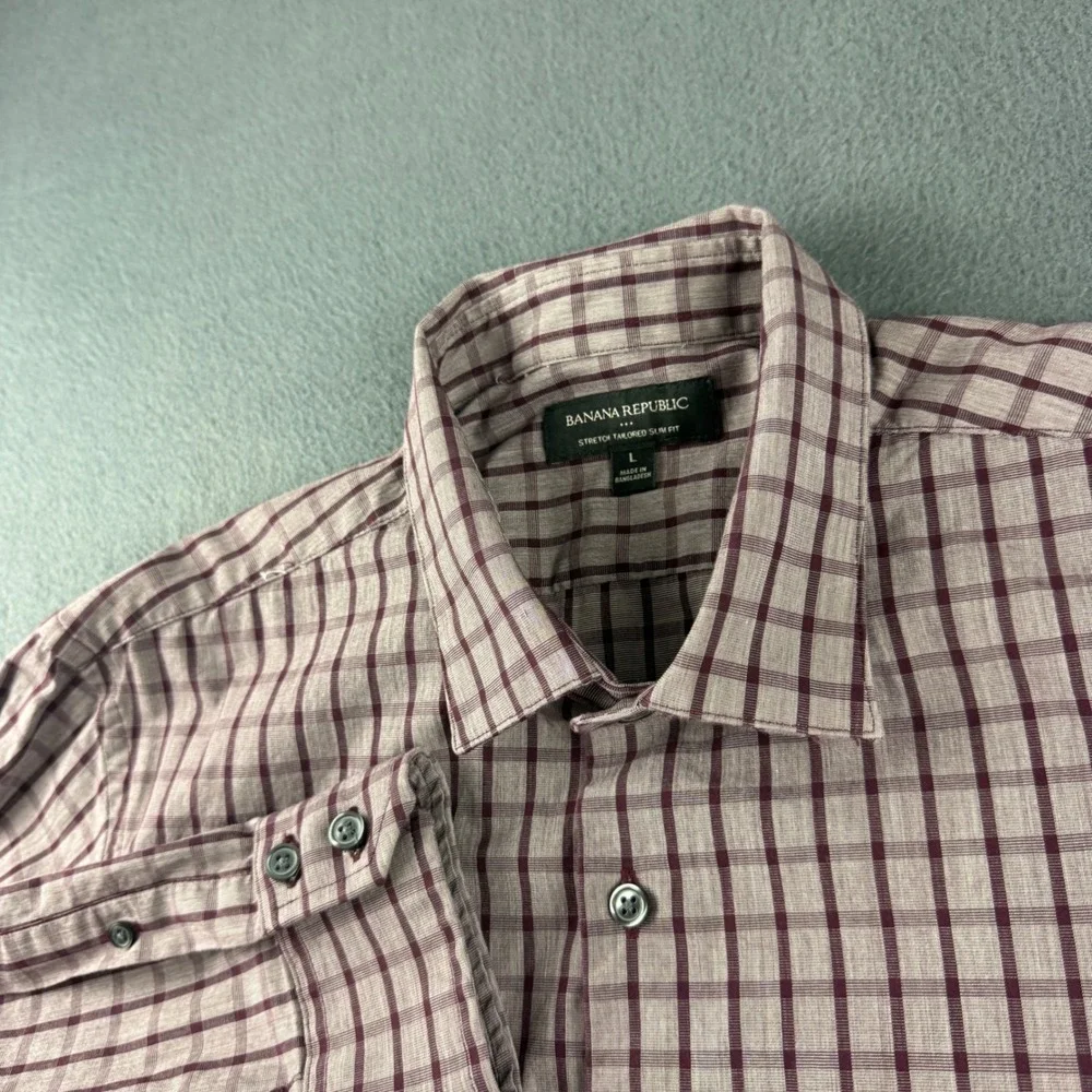 Banana Republic Shirt Men's L Purple Plaid Stretch Tailored Slim Fit Button Down